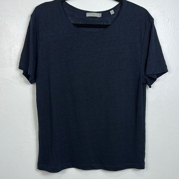 Vince Navy Blue Linen Short Sleeve Crew Neck T-Shirt Size L - Picture 1 of 8